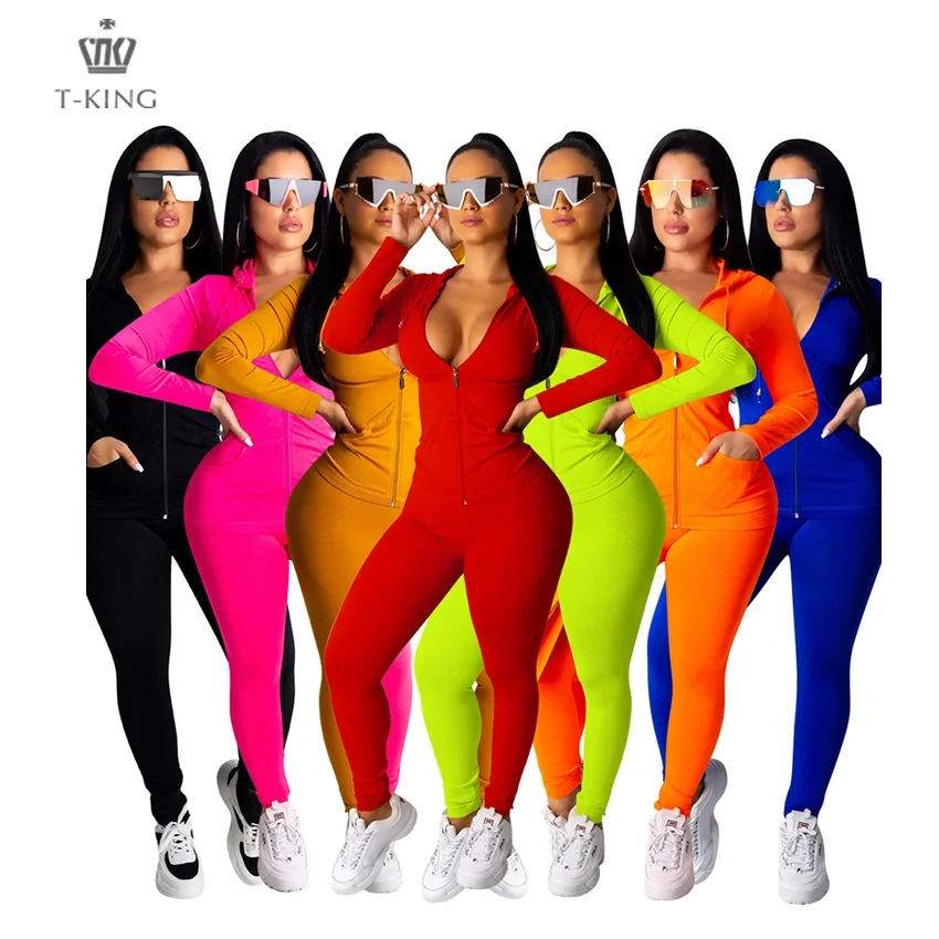 

Tking Latest Models Solid Color Fall Long Sleeve Hooded Sweatshirt 2 Piece Jogger Set Clothing jumpsuits women, Customized colors