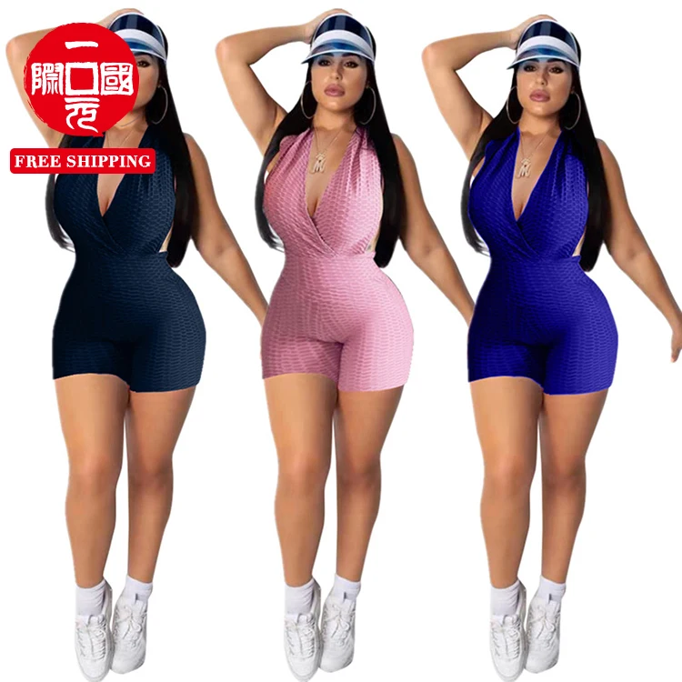 

Summer new style European and American women's sleeveless hanging neck halter solid color jumpsuit