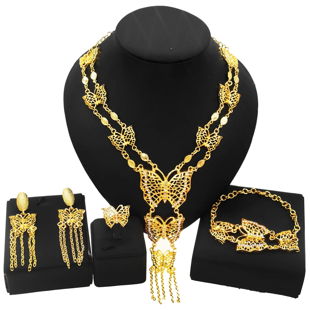 

Yulaili 2021 New Hot Sale Butterfly Shape Jewelry Set Classic Dubai Gold Woman Long Pendant Dating Jewelry Sets Wholesale Gift, Gold silver red any color is avaliable