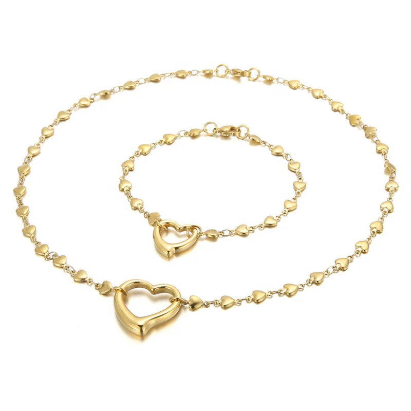 

Fashion Heart Chain Necklace And Bracelet Sets Gold Plated Stainless Steel Love Choker Heart Shape Pendant Women Jewelry Set