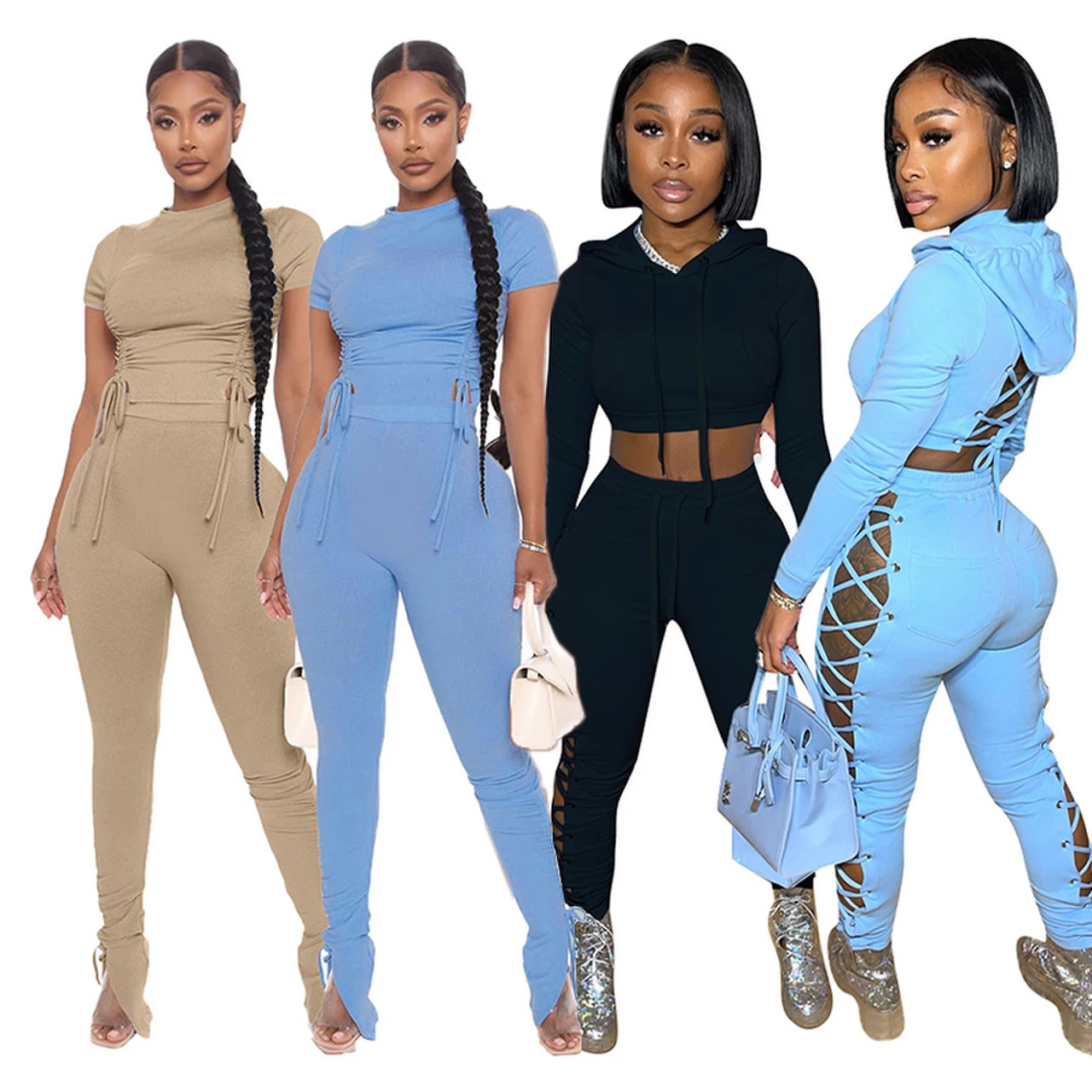 

summer 2021 fall Fashion Trendy Sets for Womens Clothing jumpsuit Crop Top Two Piece Set Clothes Long Sleeve 2 Piece pants Set, Photo color