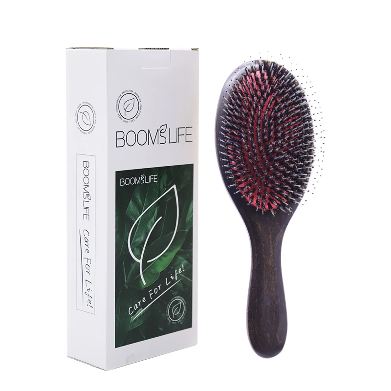 

Professional Styling Custom Logo Oval Black Bamboo Wood Paddle Detanger Boar & Nylon Bristle Hair Comb Brush