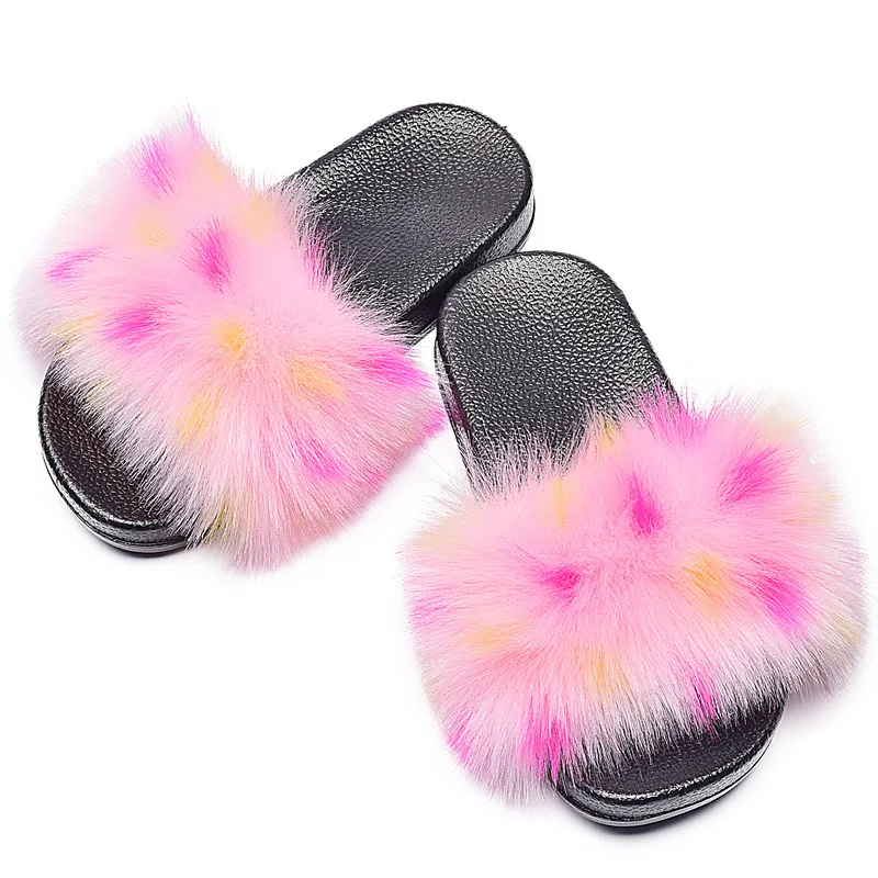 

High Quality Imitated Fox Fur Children'S Slippers Colorful Plush Bedroom Slippers