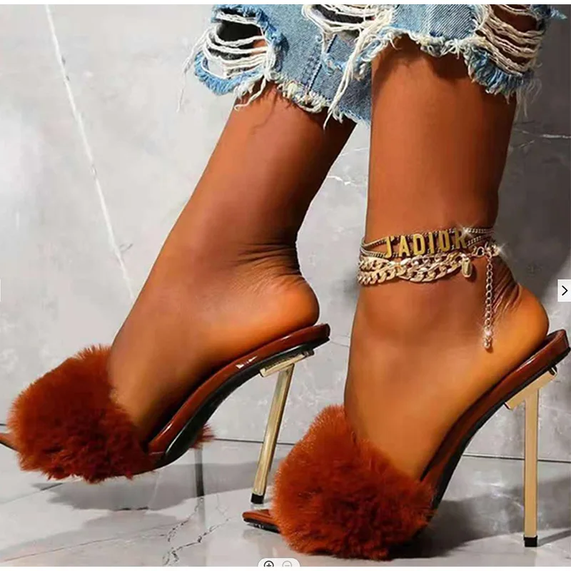 

Dropshipping 2021women fashion sandals fur upper slide heels for women thin heel ladies shoes, Black, brown