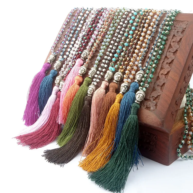 

NG1005 Fashion meditation Yoga Jewelry Crystal Glass Beaded Knotted Buddha Tassel Necklace