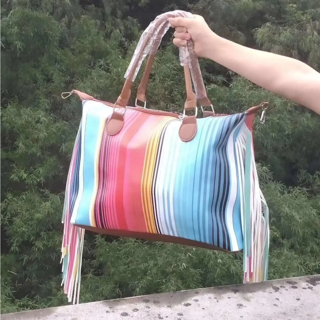 

Cowinner Colored Serape Stripes Weekender Bag For Woman Large Capacity Tassel Duffel Bag Travel Bag, As pic