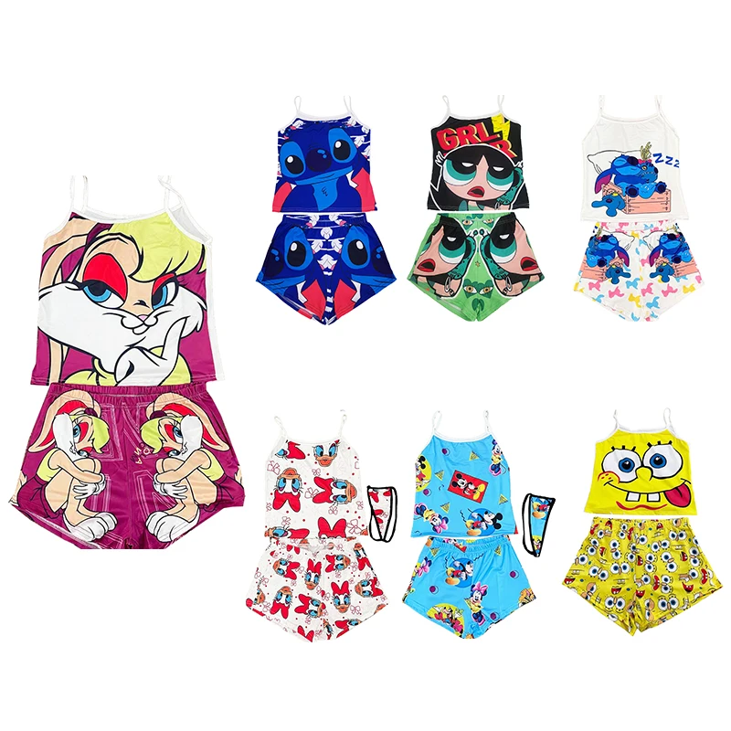 

Spring wholesale two piece shorts sleepwear pajama set women's cartoon sleepwear