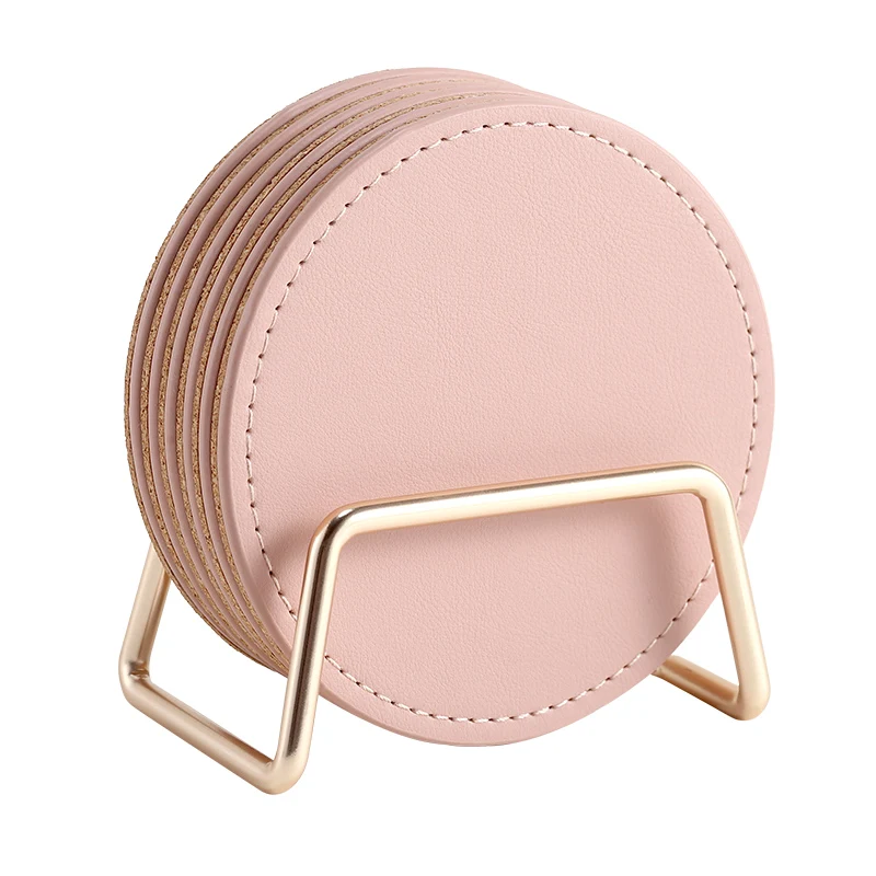 

Custom Logo Round PU Leather Car Coasters Set With Gold Metal Holders Desk Decoration Six Tea Drink Cork Coasters With Stand, Pink,brown,green