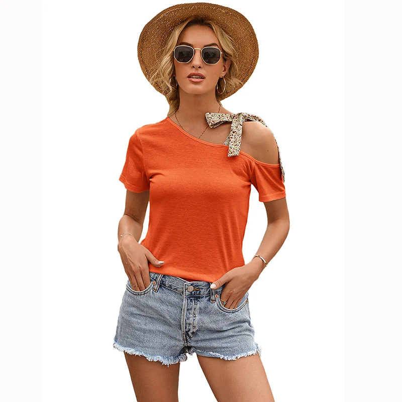 

Hot Sale Casual one shoulder with belt short sleeve T-shirt for women, White/orange/black/gray