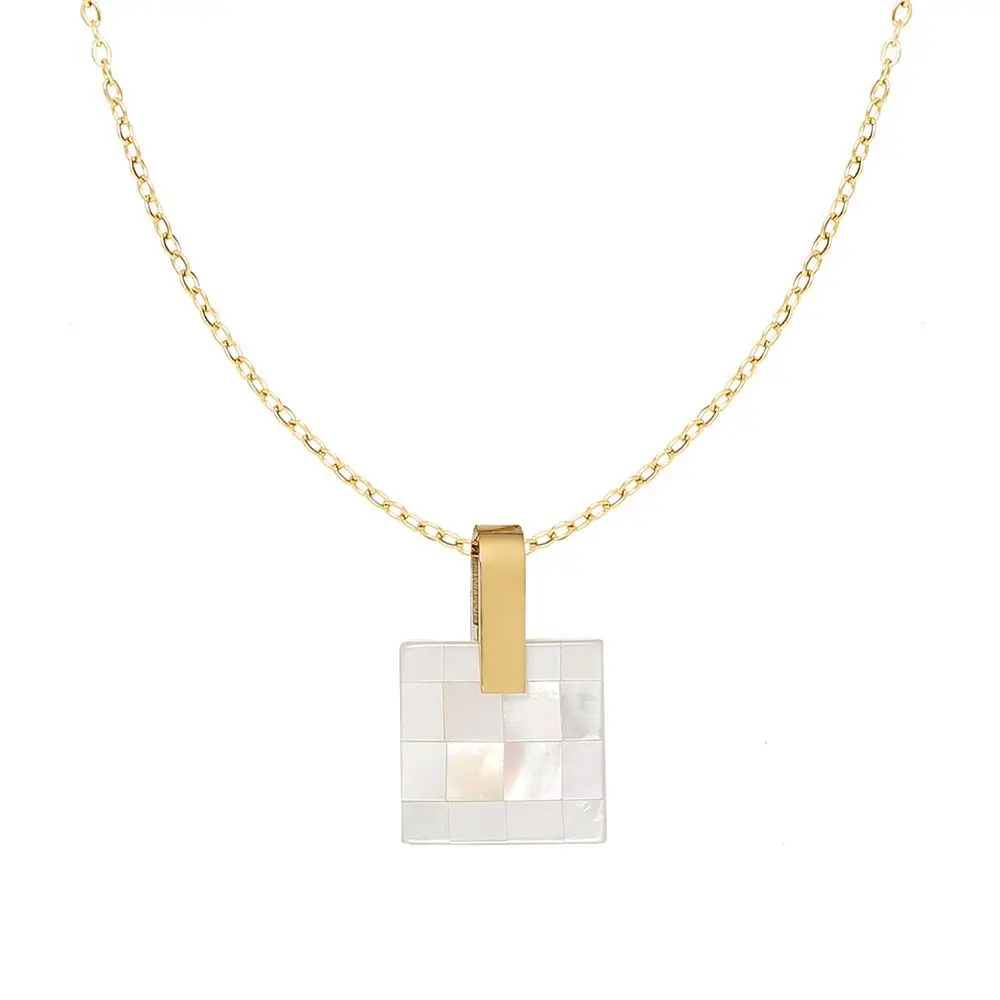 Joolim Jewelry 18K Gold Plated Mosaic Checkered Shell Square Pendant Necklace Stainless Steel Jewelry Wholesale Tarnish Free