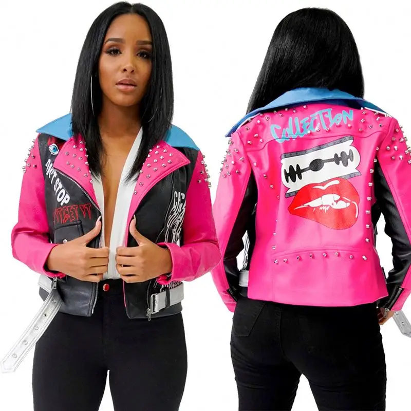 

Patchwork letter printing rivet ladies winter coats puffer girls jackets leather womens plus size jackets