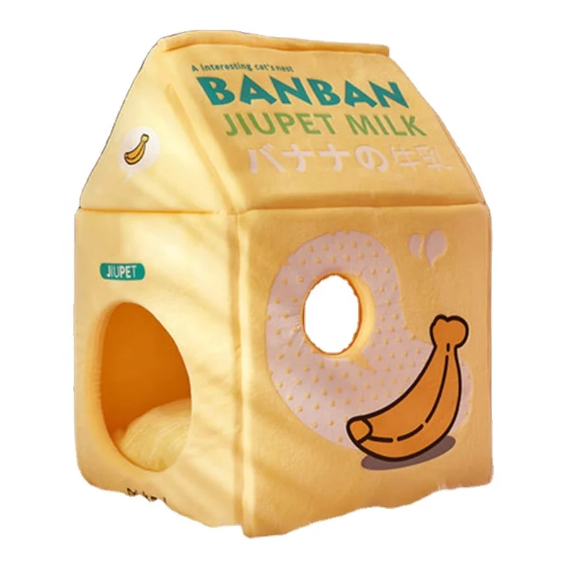 

Foldable Cute Cat Bed House Strawberry Banana Milk Box Cat House Winter Warm Plush Soft Cave Pet Supplies pet bed pet house