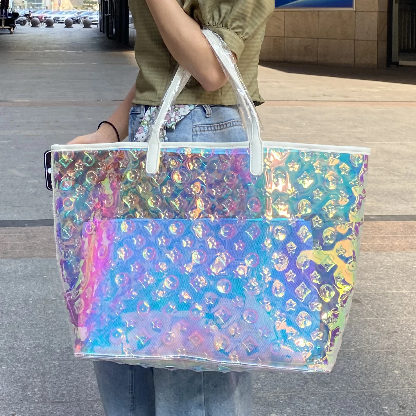 

Yzora custom large TPU clear holographic rainbow luxury fashion beach tote hand bag with purses for women, Hologram