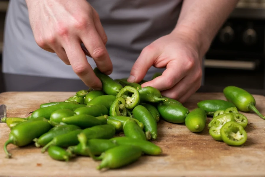 Chef's hands preparing fresh jalapeños as serrano pepper substitute in kitchen