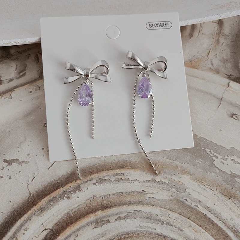 

2021 Korean Fashion Metal Bowknot Tassel Drop Earrings For Women Fashion Purple Crystal Pendientes Party Jewelry