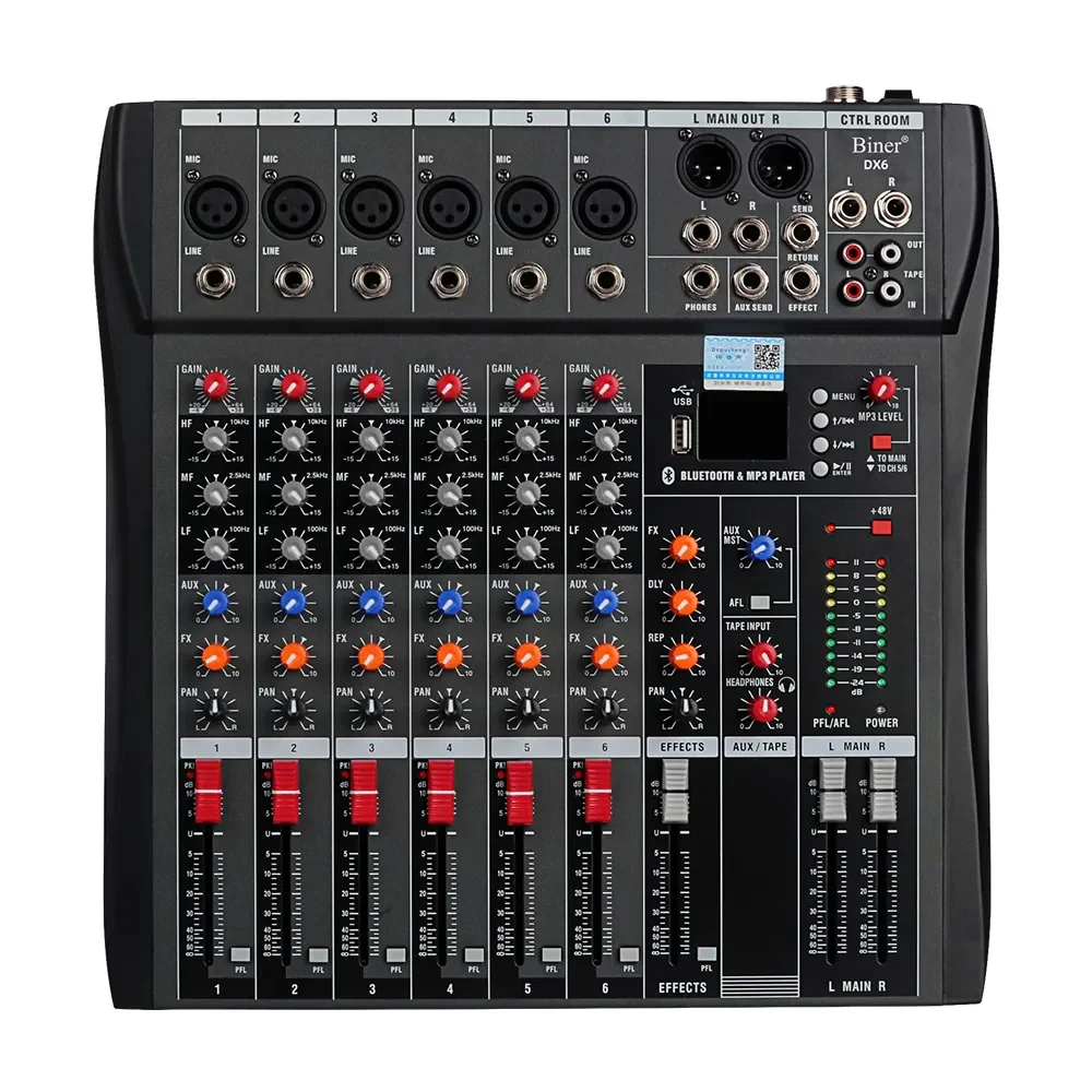 Biner DX6 Profesional 6 Channel Mixing Console Built in BT DSP Reverb Effect USB Recording Audio Mixer
