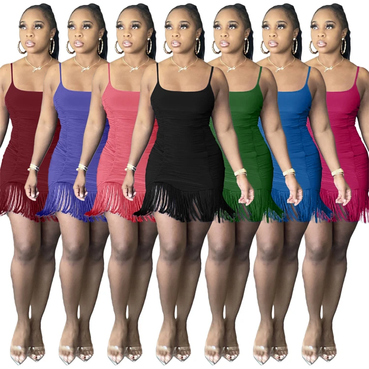 

DUODUOCOLOR Summer tassels suspender skirt plus size sexy mature women dress solid color clothes 2021 trending D10169