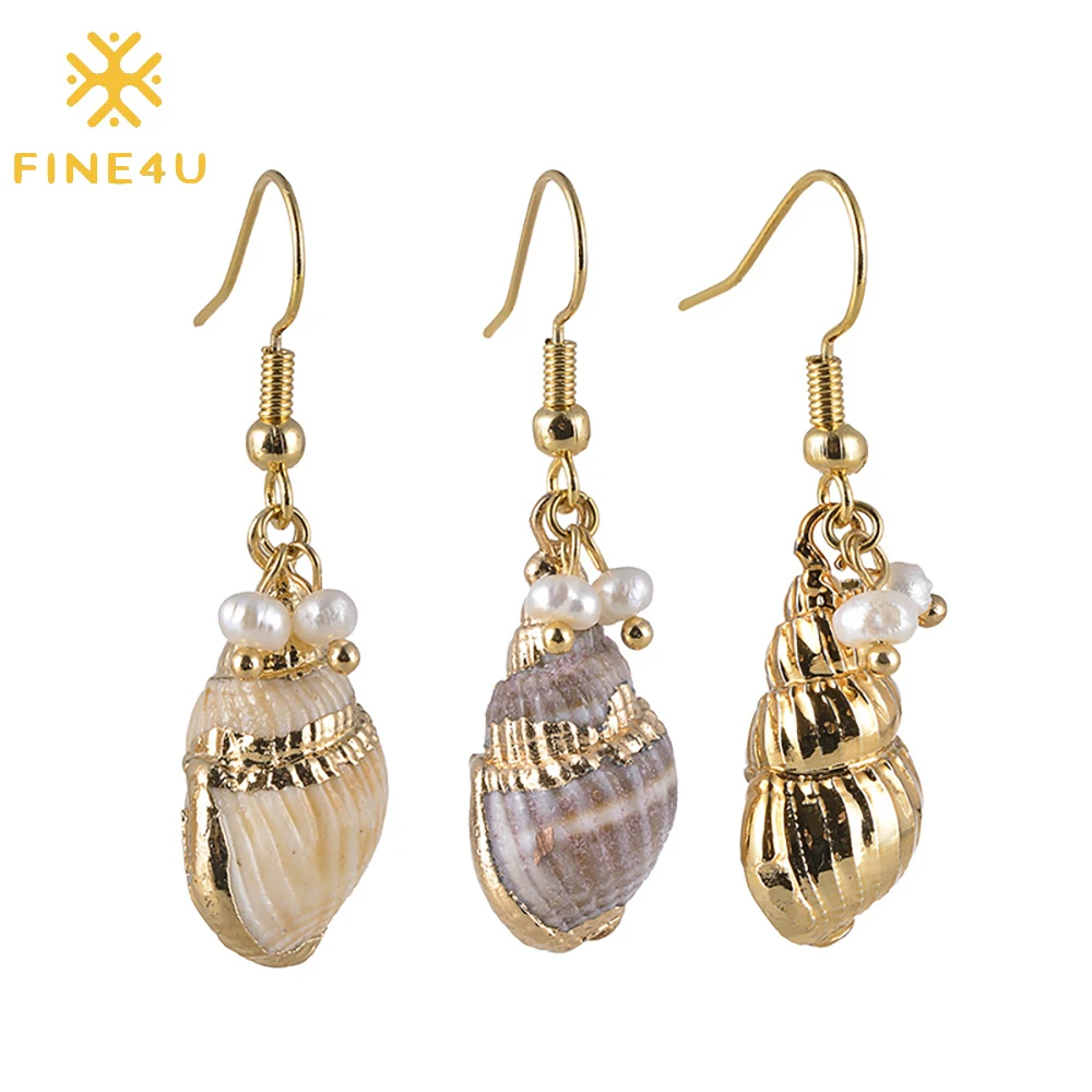 

Summer beach women vintage pearls gold plated natural conch cowrie shells drop earrings 2021 boho jewelry