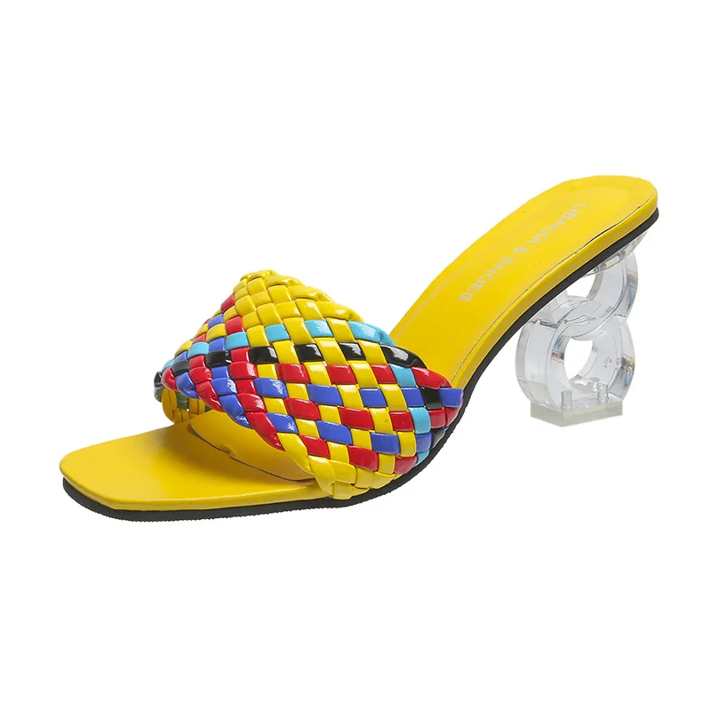 

2021 multi-color woven contrast color with crystal and sandals for women with high-heeled slippers, Yellow blue black