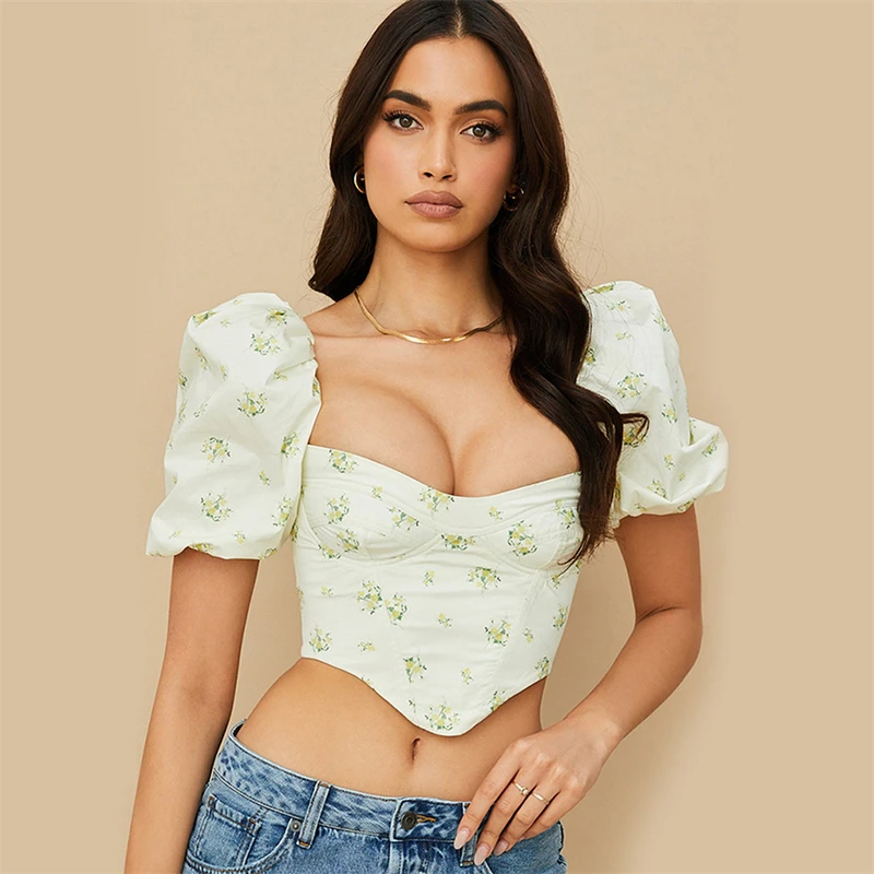 

Latest Design Sexy White Floral Tops Hot Ladies Cute Tops Blouses Puff Sleeve Bustier Corset Sexy Square Neck Blouses Crop Top, Multi colors