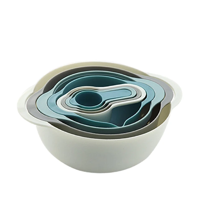 

Modern Plastic Mixing Set Nest 9 Nested Ribbed Bowl Large Strainer Beauty Color Lid Nesting Mixing Bowls, Multi-color