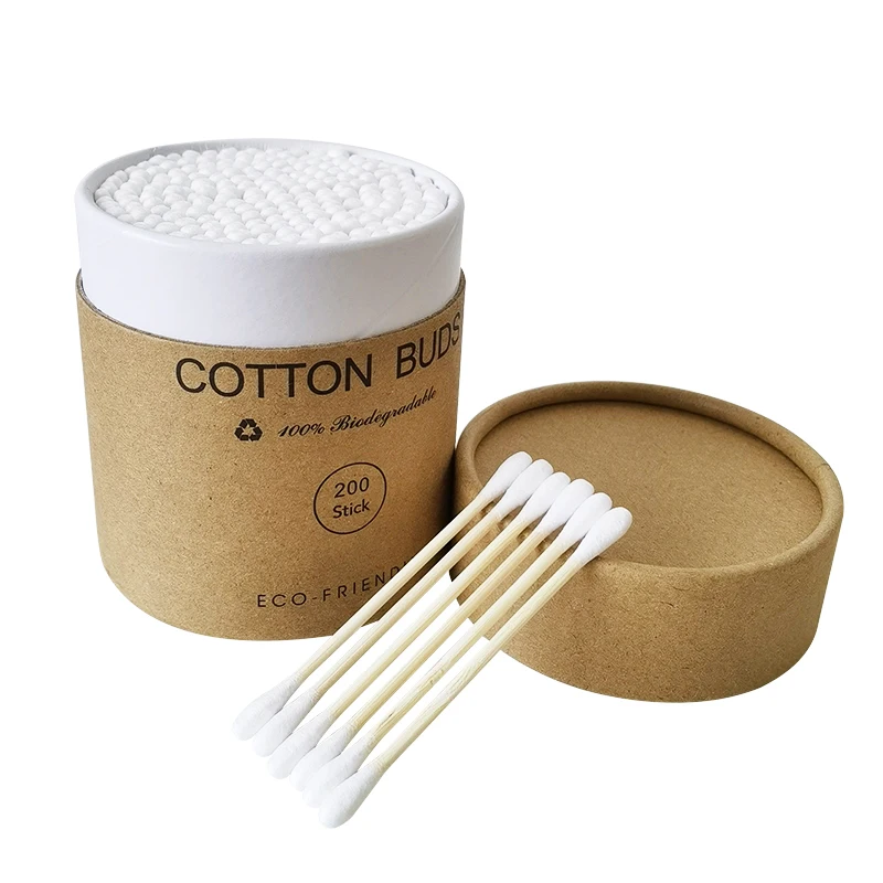 

Eco Friendly Bamboo Cotton Swabs 200pcs 100% Biodegradable Ear Cleaning Bamboo Cotton Buds With Kraft Paper Cylinder Case