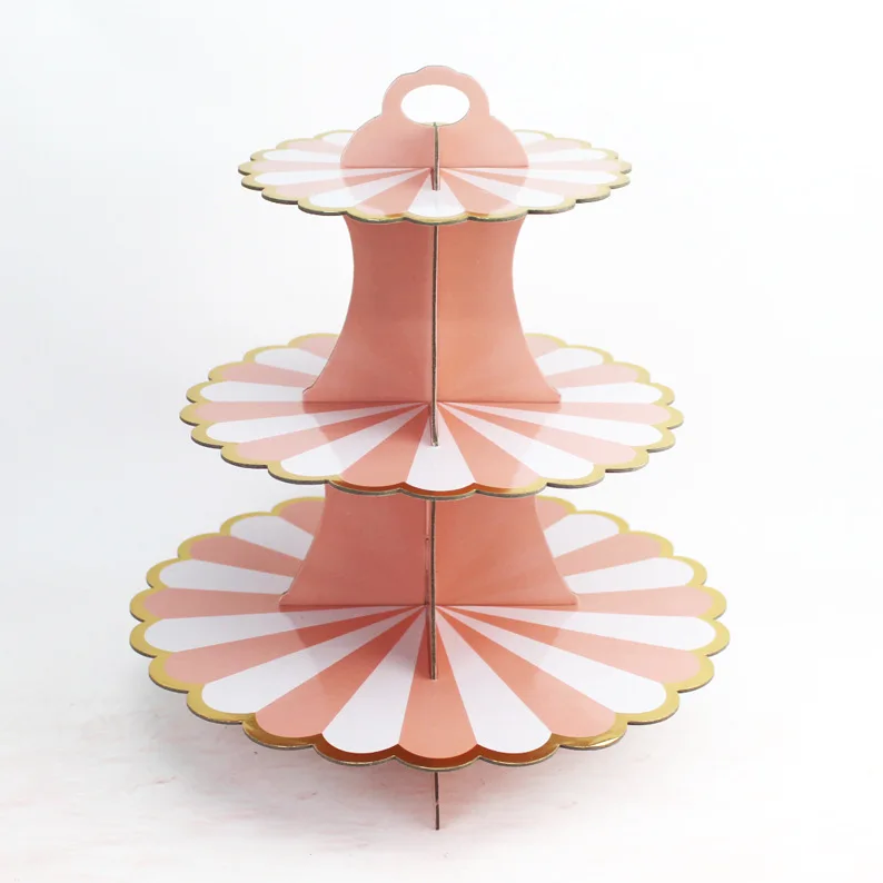 

Wholesale Multicolor Striped 3 Tier Cardboard Cupcake Cake Stand Set Luxury Wedding Cake Tiered Stand