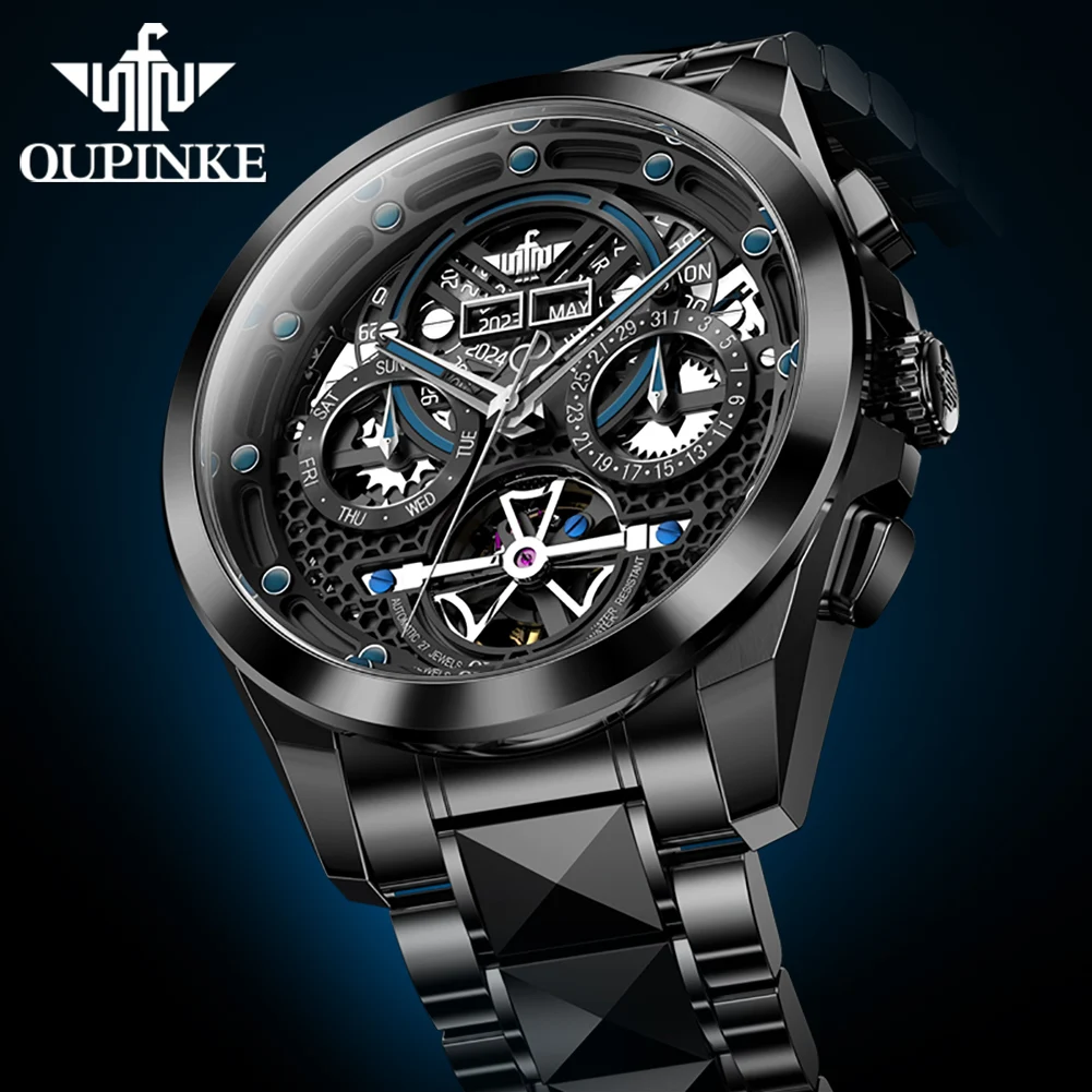 

OUPINKE 3249 High quality custom oem watch logo Hollow skeleton Tourbillon classic luxury automatic fashion mechanical man watch