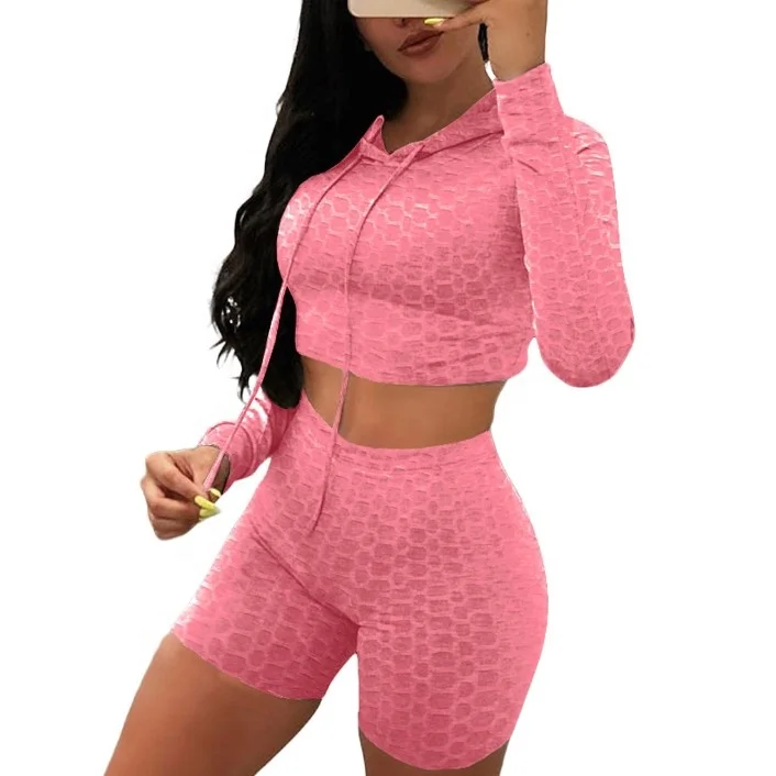 

crop top hoodie 2 piece gym joggers short set two piece short set sportswear women workout clothing outfits suit yoga shorts set, As pictures