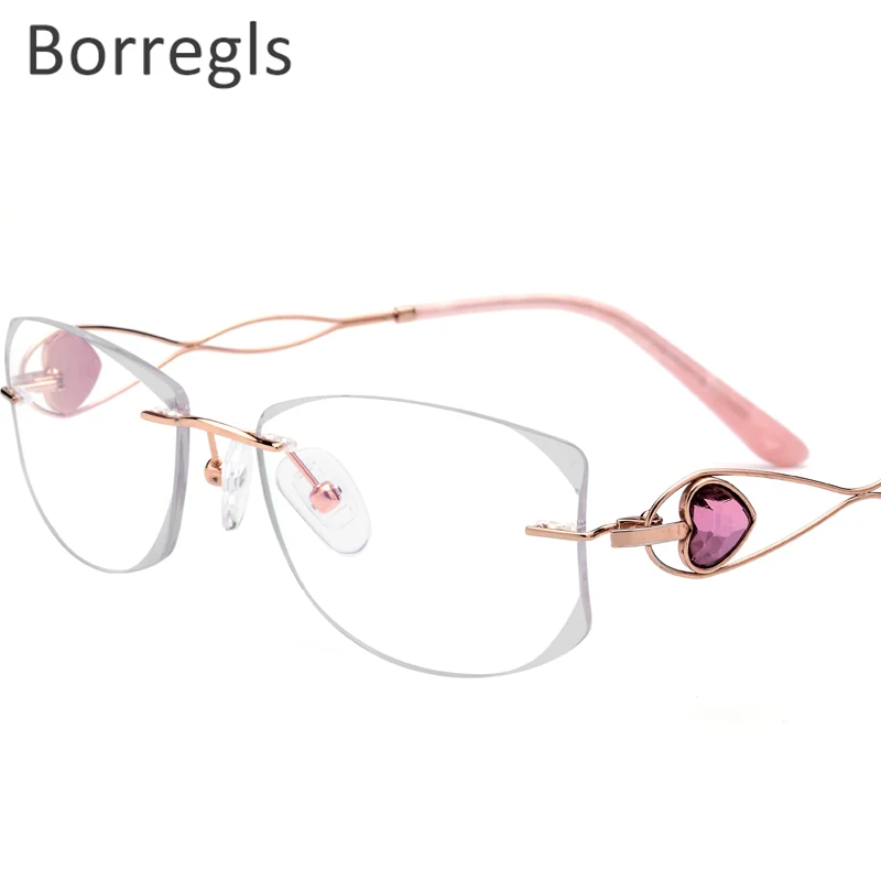 Borregls Wire Titanium Rimless Glasses Women Ultralight Eyeglasses Frame Diamond Trimming Cut