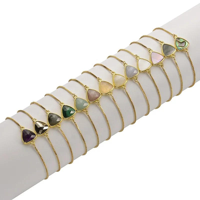 

18K Gold Plated Brass Bolo Chain With Tips Abalone Shell Triangle Set In Gold Plated Brass Charm Bracelet For Women