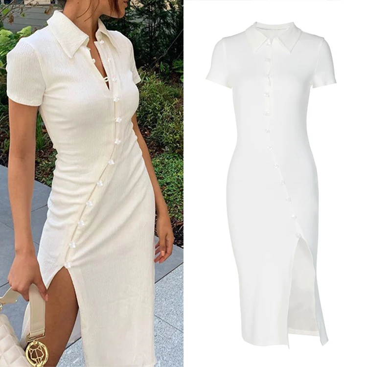 

2021 Summer New Trend Turn-Down Collar Ribbed Vestidos Slit Short Sleeve Buttons White Long Bodycon Elegant Casual Dresses