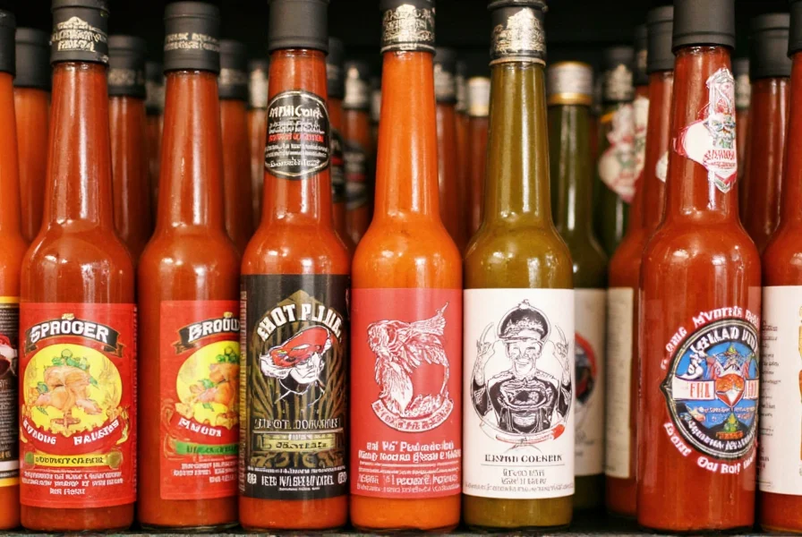 Close-up of various hot sauce bottles at Pepper Palace showing different colors, consistencies, and packaging designs