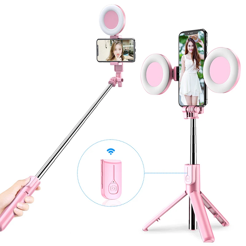 

Pink Adjustable Bluetooth-compati Phone Holder With Led Ring Light Anti-slip Desk 4 In1 Selfie Stick For Tiktok Live Streaming, Black