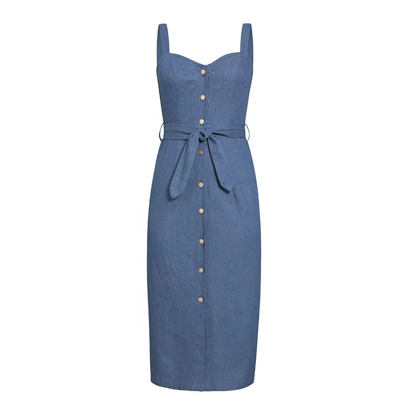 

Casual Minimalist Tie Waist women clothing Denim Halter Midi Pencil Sling Dresses 2021Factory Direct Boho Dress Women