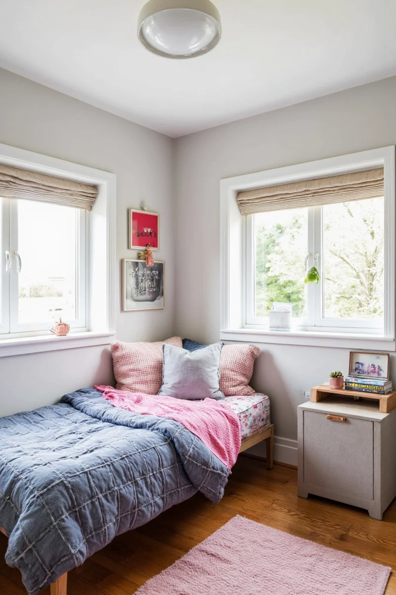 String lights and neon sign creating a cozy lighting setup in a small bedroom