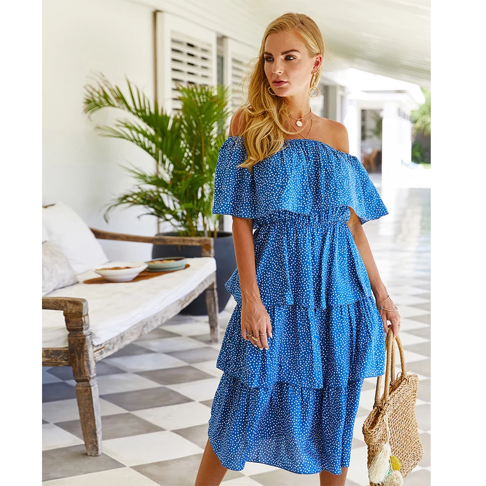 

2021 Women's Casual Dresses Women Lady Elegant Sexy Off Shoulder Summer Ruffles Polka Dot Beach Dress Amazon Hot Selling