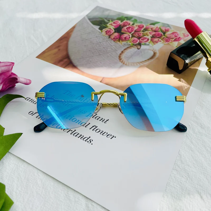 

HBK 2021 new Fashion polygon sun glasses rectangular metal frame Rimless Sunglasses