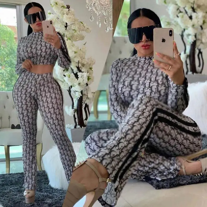 

2020 women's fashion brand fashion casual stitching sports long-sleeved trousers two-piece suit