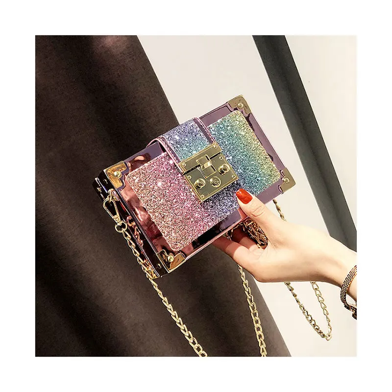 

Fashion Gradient Color Sequins Wedding Chain Purse Small Handbags Sequin Bag acrylic clutch bag box