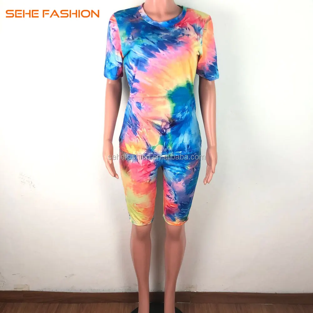 20420-mx91 Tie-dye O-neck Printed Short Casual Jumpsuit Women Sehe ...