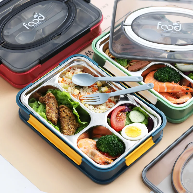 

High quality leak-proof 4 compartment Food Containers Storage plastic School stainless Steel Lunch Box, Red,blue,green