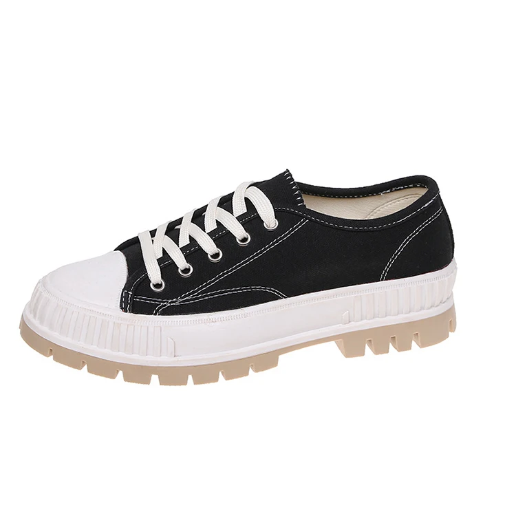 

Canvas Shoes Women Girls Sneakers Ladies Vulcanized Shoe Low Top Lacing Flat Heel Casual Shoes, Beige black