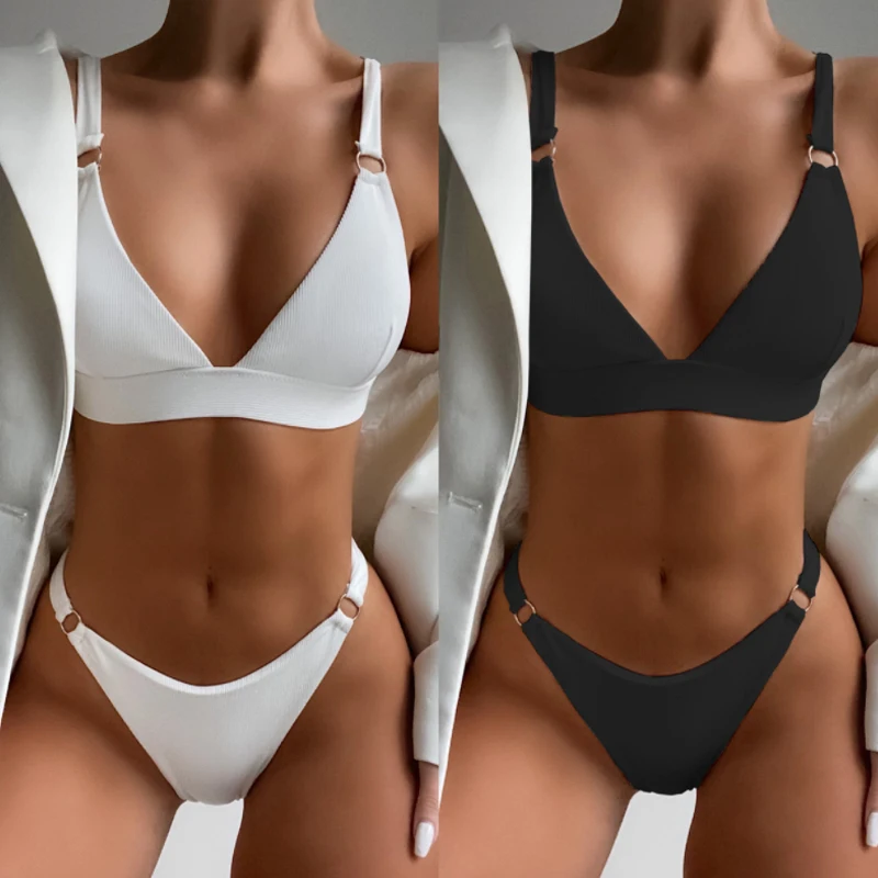 

wholesale womans Rib Ring Linked High cut out Bikini Swimsuit beachwear bathing suits, White