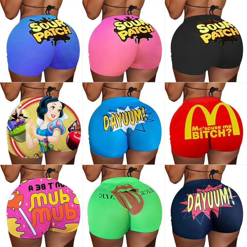 

2020 Hot Sale Women Comfy High Waist Stretchy Cute Print Candy Snack Biker Shorts, 16 colors as pictures