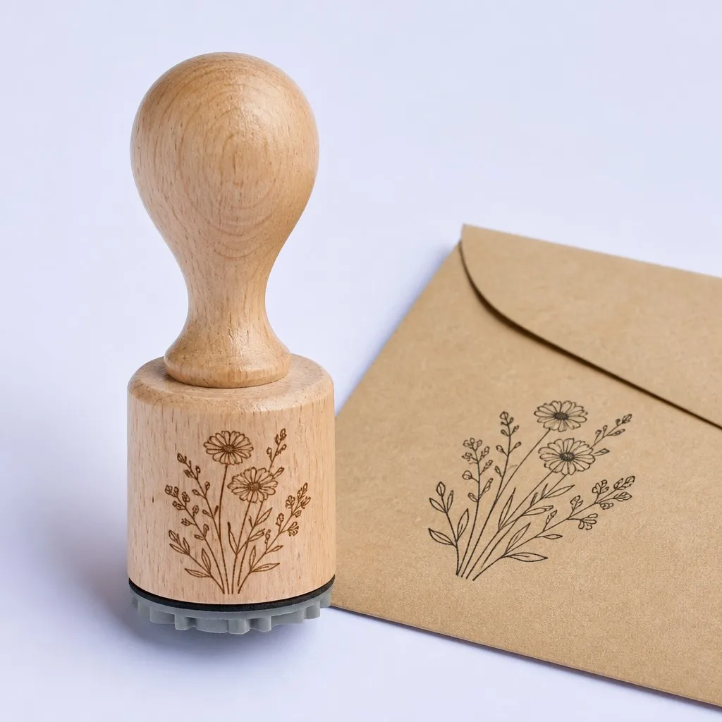 A stamp beside a kraft envelope with a floral impression