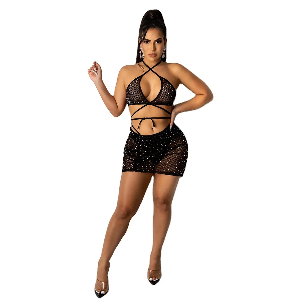 

Sexy Mature Big Woman Two Piece Chest Wrap Cover Up Hip Skirt Rhinestone See Through Nightclub Wear Sexy Lingerie Set, Accept customized women sexy lingerie
