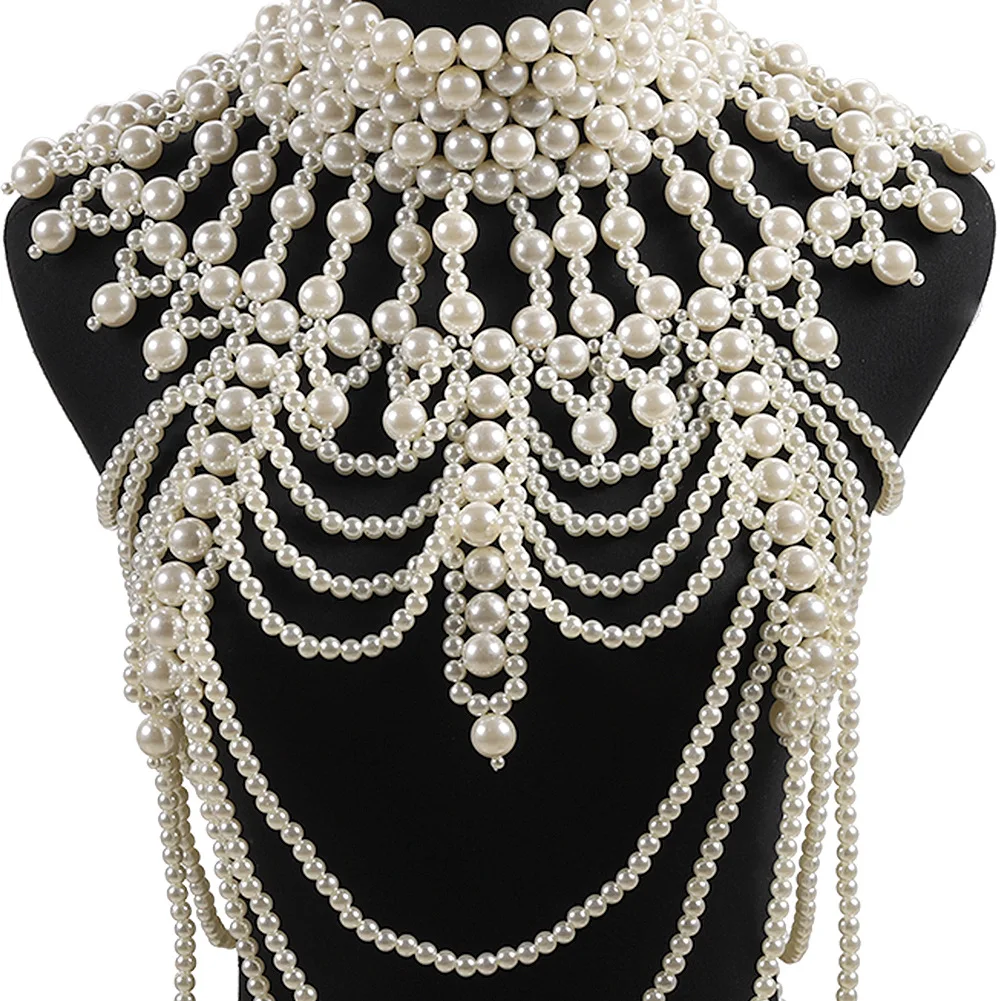 

Pearl Necklace Choker Shoulder Chains Statement body chain Long Necklace Costume Jewelry