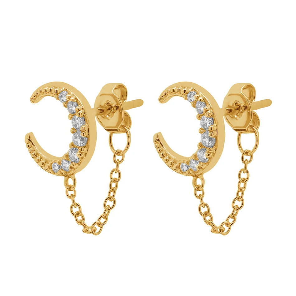 

classic jewelry new fashion 18k gold plated dainty 925 sterling silver pave moon chain stud earrings