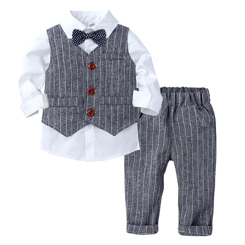 

Baby Boy Gentleman Suit White Shirt +Striped Vest+Trousers 3Pcs Formal Kids Clothing Set
